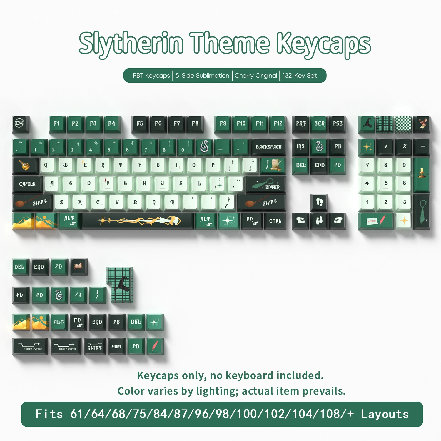 Slytherin Keycaps 132 Keys PBT Material Keycaps Cherry Profile DYE-SUB For MX Switch Wooting Mechanical Keyboard ISO ANSI Layout