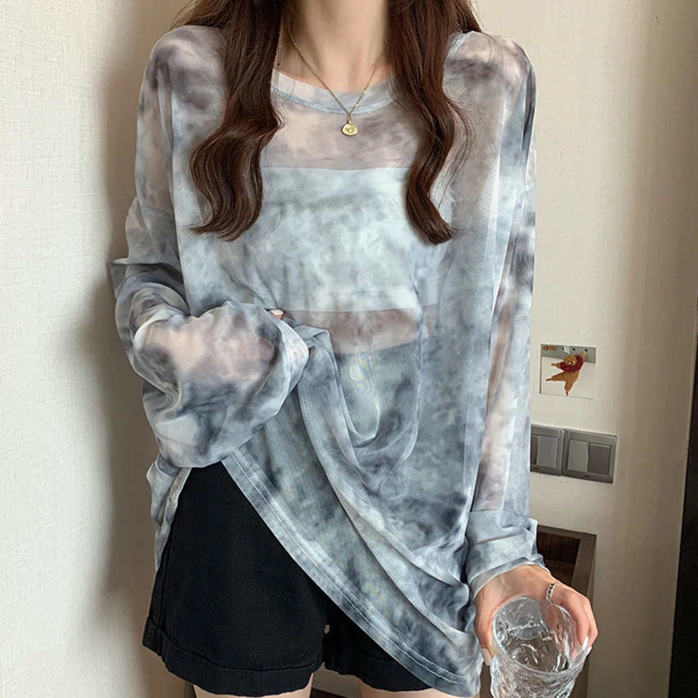 عطلة الشاطئ التعادل مصبوغ تي شيرت بلوزة الحرير الجليد طفيف تمتد النسيج الشفاف عطلة ارتداء طول منتظم #2