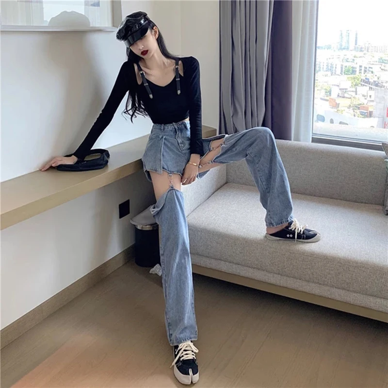 Women Straight Leg Ripped Jeans For Women Fashion Loose Hole Streetwear Women High Waist Pants Hole Denim Trousers