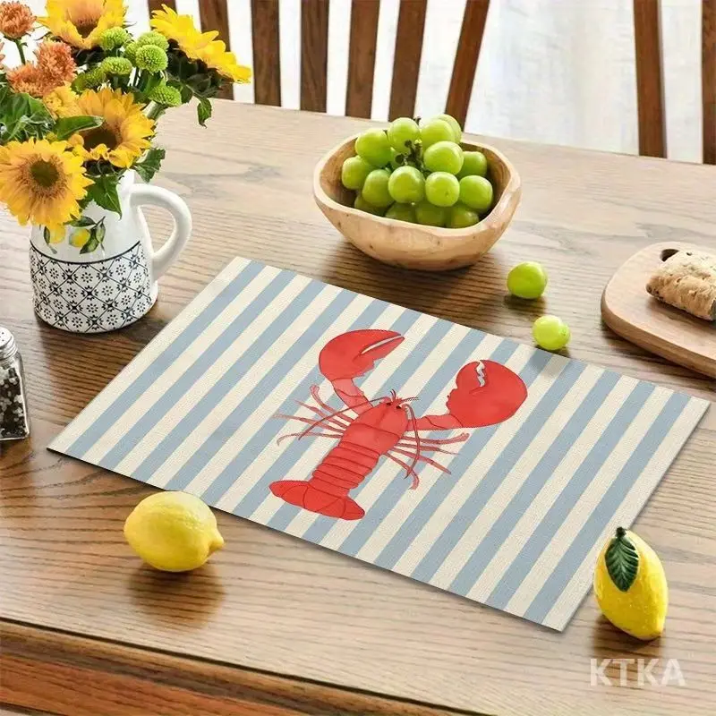 VIKAMA 2/4/6pcs Striped Red Lobster Printed Placemats Washable Heat Resistant Table Mats Summer Dining Home Decor