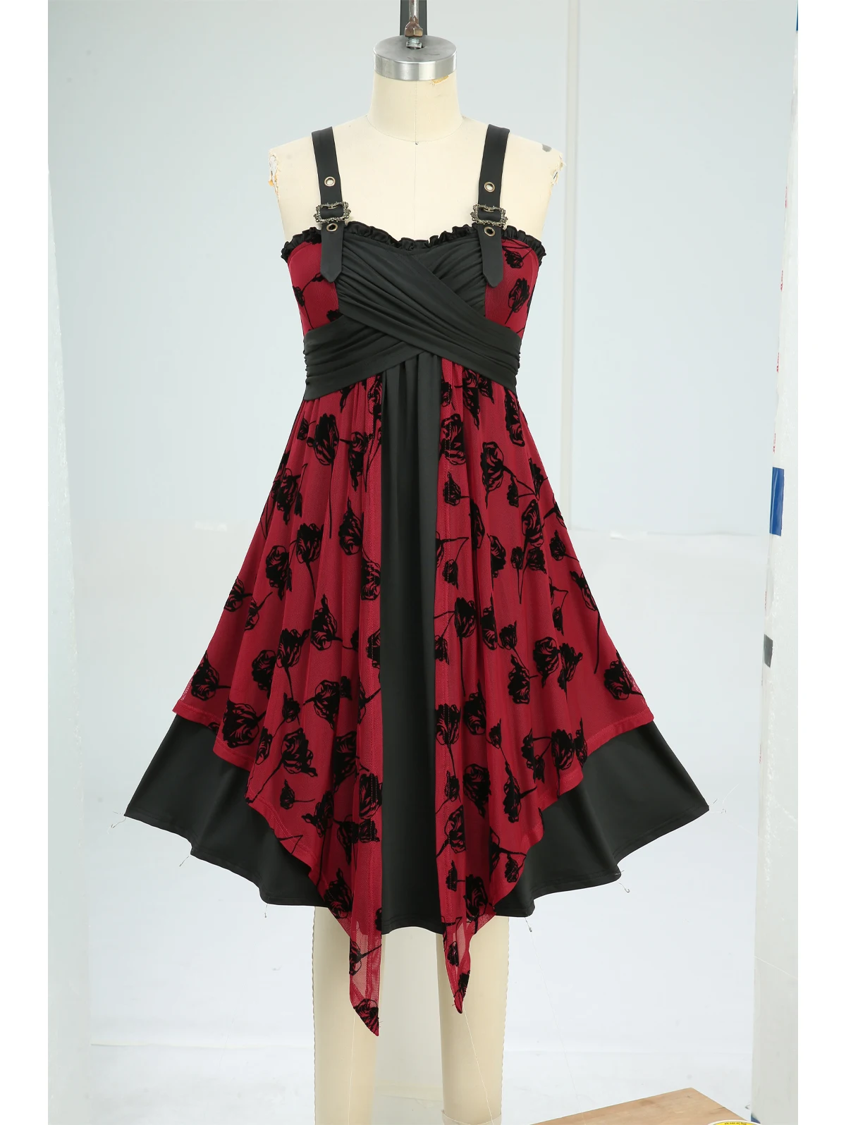 Women\'s Summer Casual Dresses Flowers Flocking Mesh Ruched Crisscross Ruffles Asymmetrical Tank Dress Red High Stretch Vestidos
