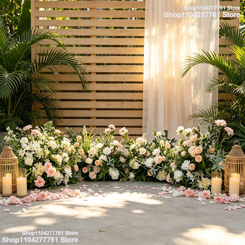 Hochzeits-Hintergrund für den Außenbereich, Boden-Blumenarrangement, Champagner-weiße künstliche Blumenreihe, grüne Wand, Dekoration für die Zeremonie und Fotobox – Detail 3