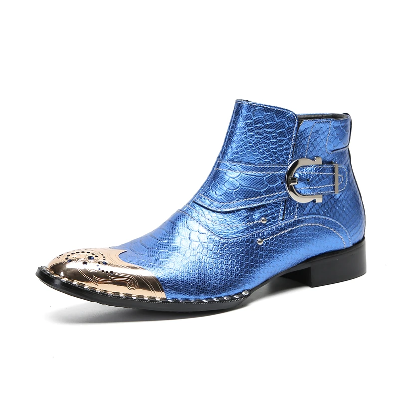 COOGERLOVE Punk Style Men Blue  Genuine Leather Boots Metal Square Toe Buckle Rivet Motorcycle Boots Winter Male Party Boots