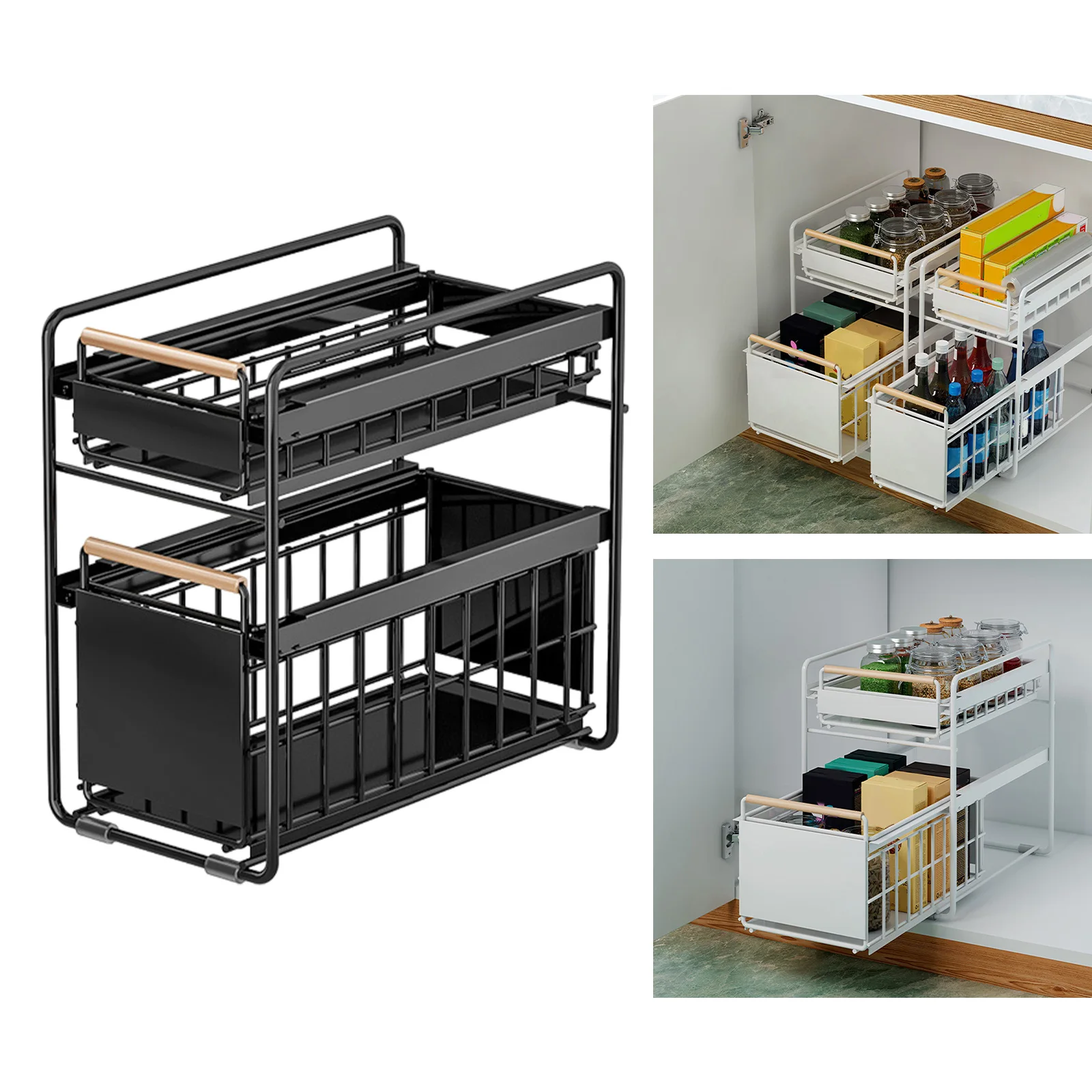 2 Tier Under Sink Organiser Rack Sliding Basket Drawer Carbon Steel Sink Storage Shelves Sliding Bathroom Cabinet Organizer