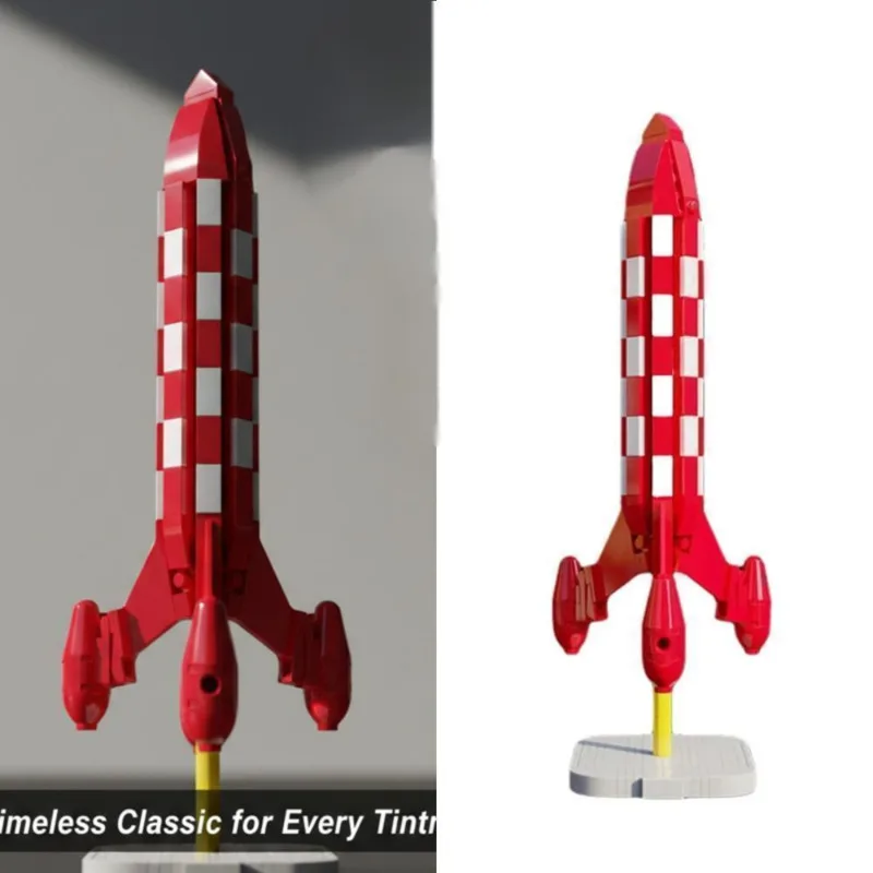

MOC-39001 Tintin Moon Rocket Model Building Blocks DIY Red Checkered Collectible Toy Desktop Decoration Gift For Comic Fans Gift