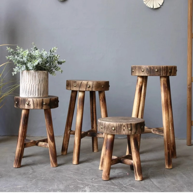Vintage Solid Wood Stool Rustic Farmhouse Decor Footstool for Window Plant Display Country Style Accent Stool for Living Room