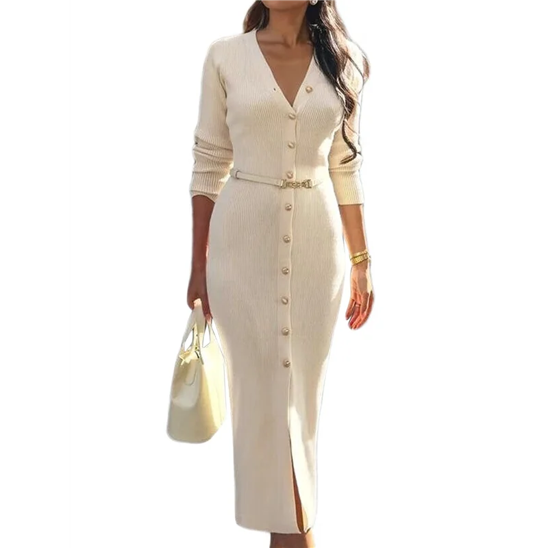 Women's 2025 Fall Trendy Midi Sweater Dress Casual V Neck Long Sleeve Ribbed Knit Winter Bodycon Dresses