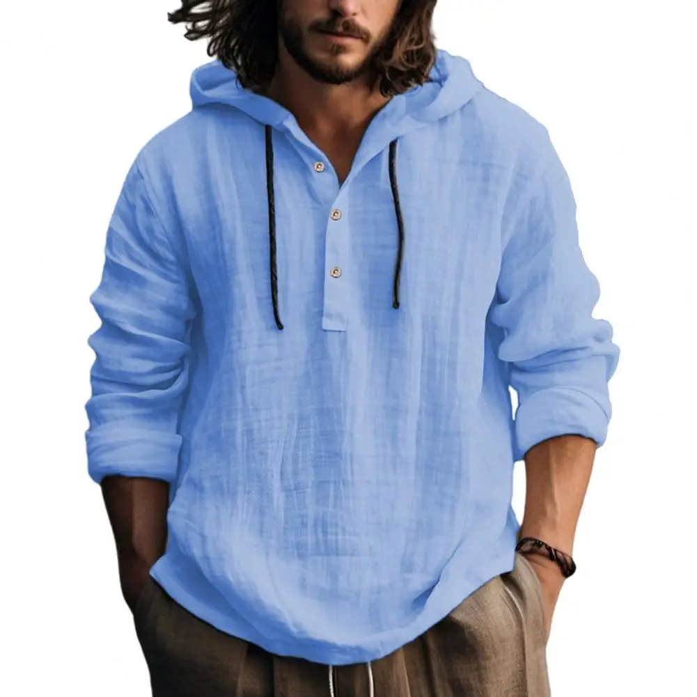 Men Shirts Hoodie Blouse Long Sleeve Buttons Pullover Solid Comfortable Cotton Linen Casual Loose Holiday Shirts Male Tee Tops