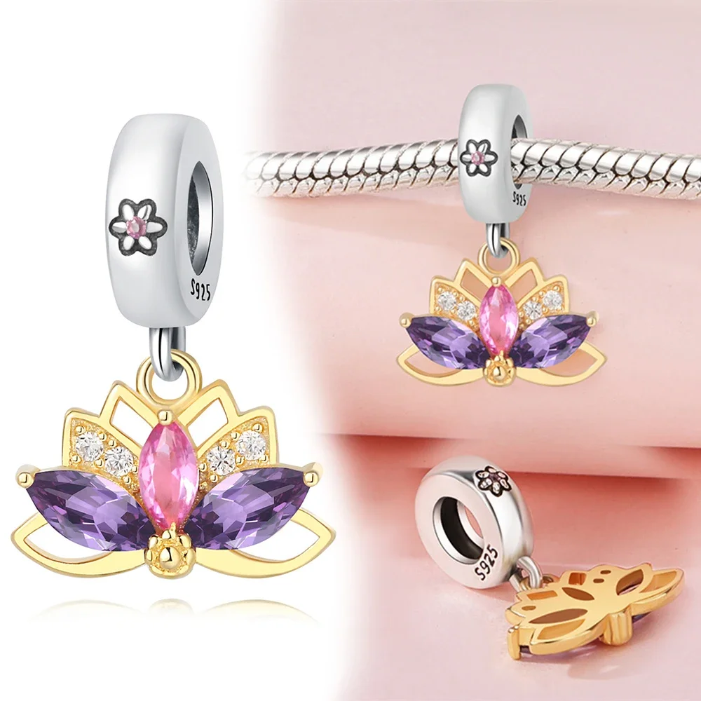 925 Sterling Silver Lotus and Butterfly Charme para Mulheres, Pingente Beads, Fits Original Pulseira Pandora, Fazer Jóias