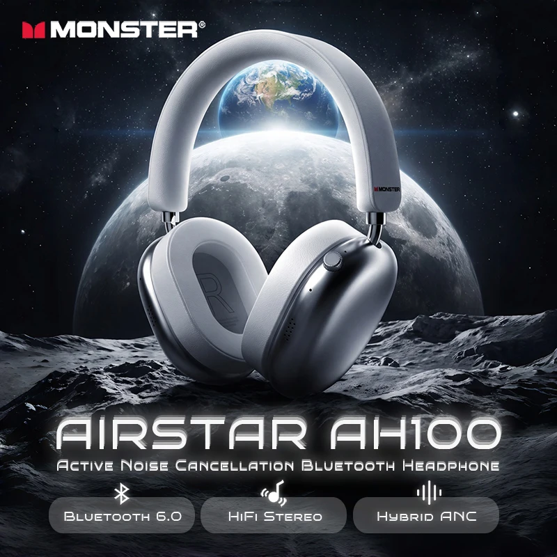 Monster AH100 ANC 블루투스 6.0 오버이어 헤드폰(45dB 액티브 노이즈 캔슬링 기능 포함) Hifi 스테레오 오버이어 무선 이어폰