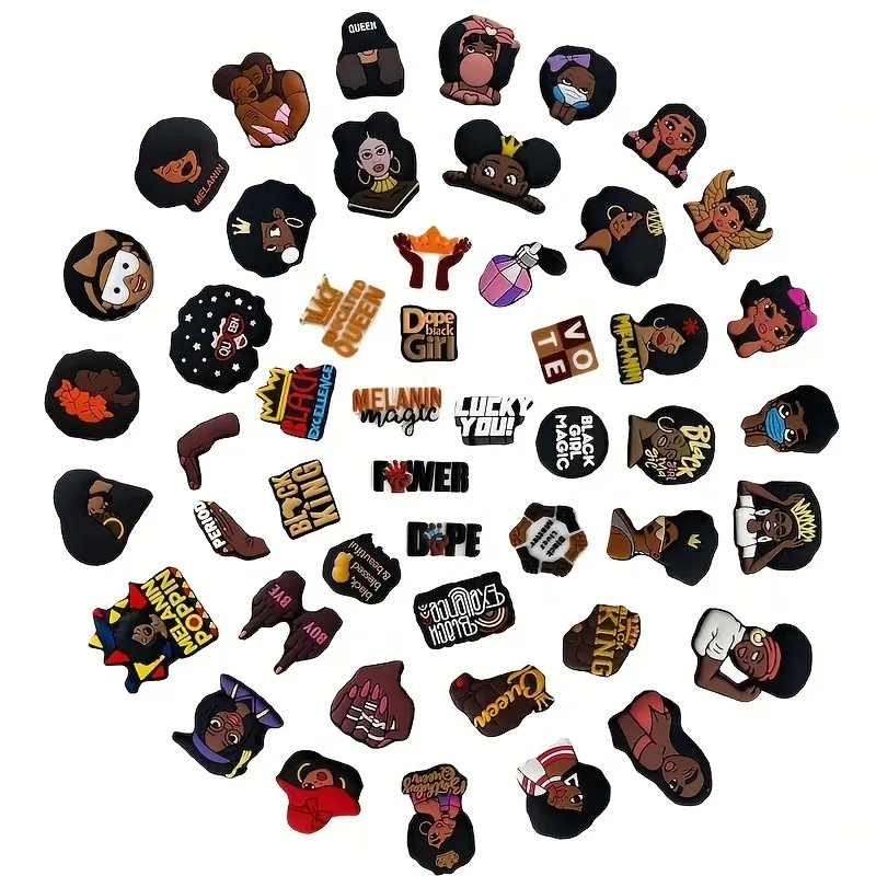 Mix 30pcs black cultural shoe charm, African American Pride PVC block decoration, Christmas inspirational women's power pendants