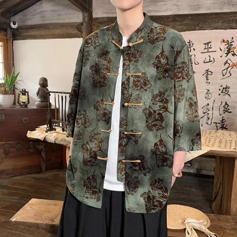 

2026 Men's Chinese Style Jacquard Tang Suit Hanfu Shirt Short Sleeve Loose Fit Plus Size 5XL Traditional Casual Shirt for Summer