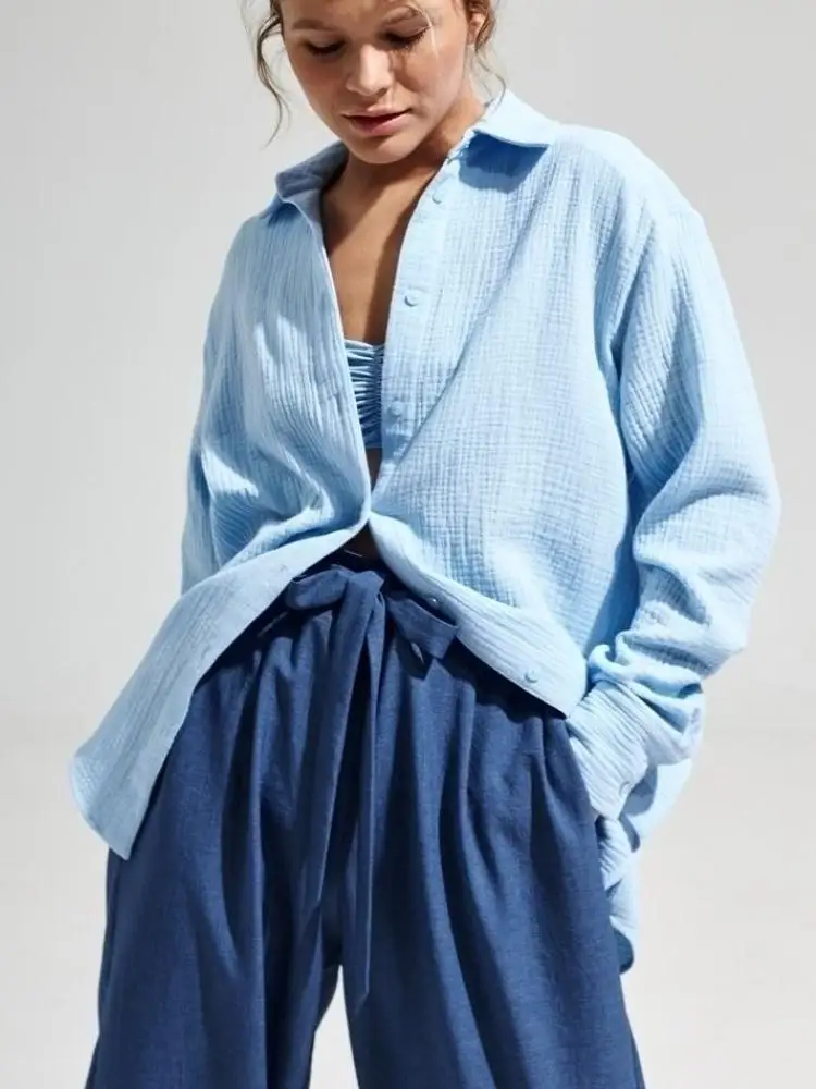 

Women's Long Sleeve Shirt Spring Summer Office Lady Blouse Fashion Solid Color Loose Fit Crepe Top Elegant Casual Wear
