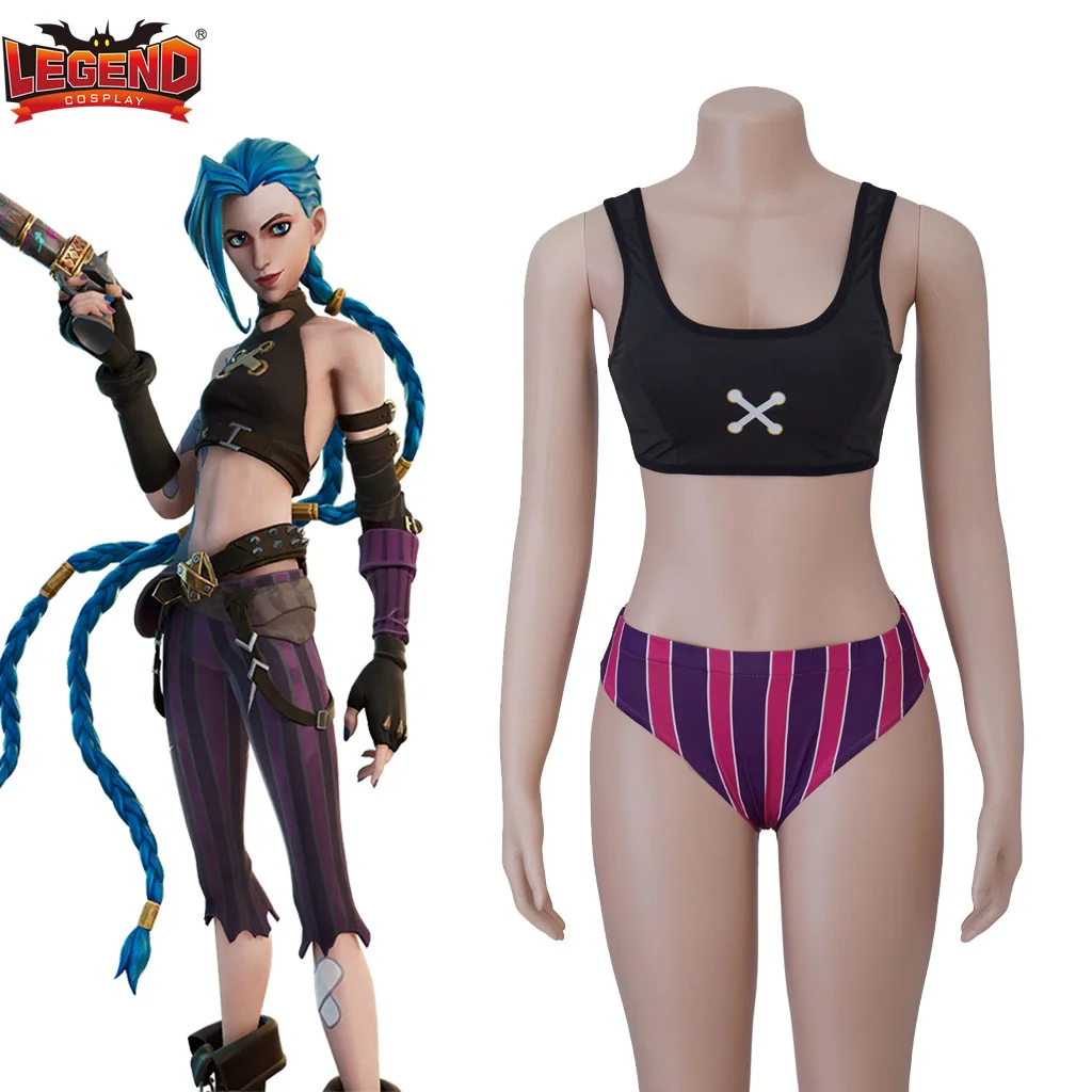 في المخزون لعبة LOL Jinx تأثيري حلي الفتيات Jinx الصيف الشاطئ المحاصيل الأعلى السراويل ملابس السباحة النساء لعبة مثير ثوب سباحة مثير الزي