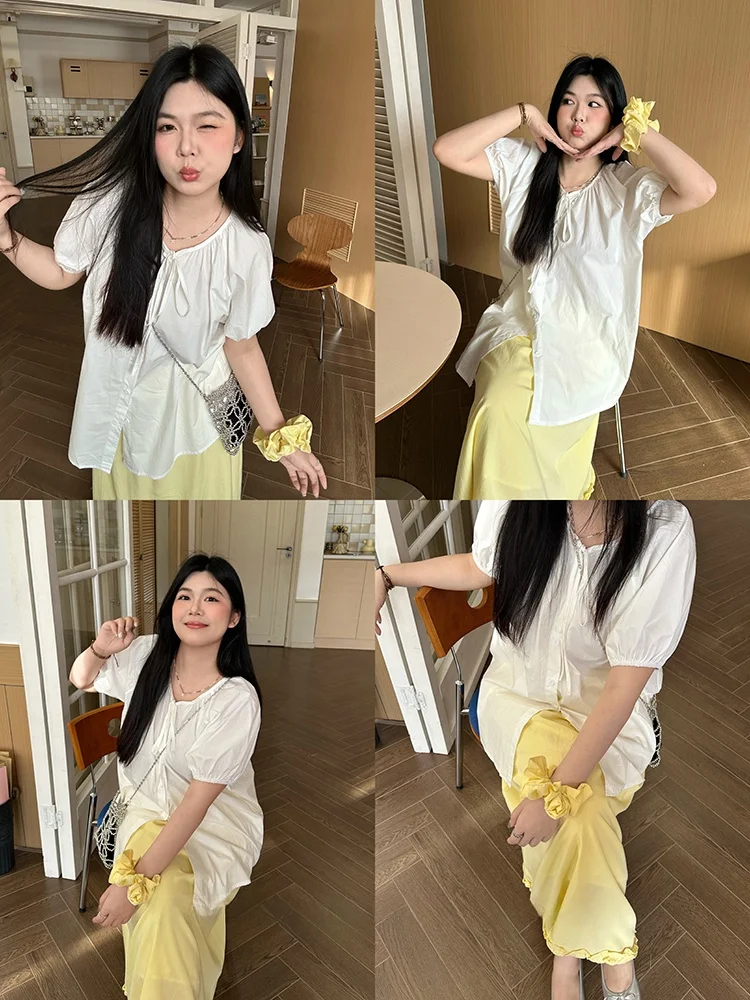 

NINI ONE Sweet Sle Bubble Sve Loose ort Sve Summer irt Slimming Pure Color Meat Concealing Top for Plump Women