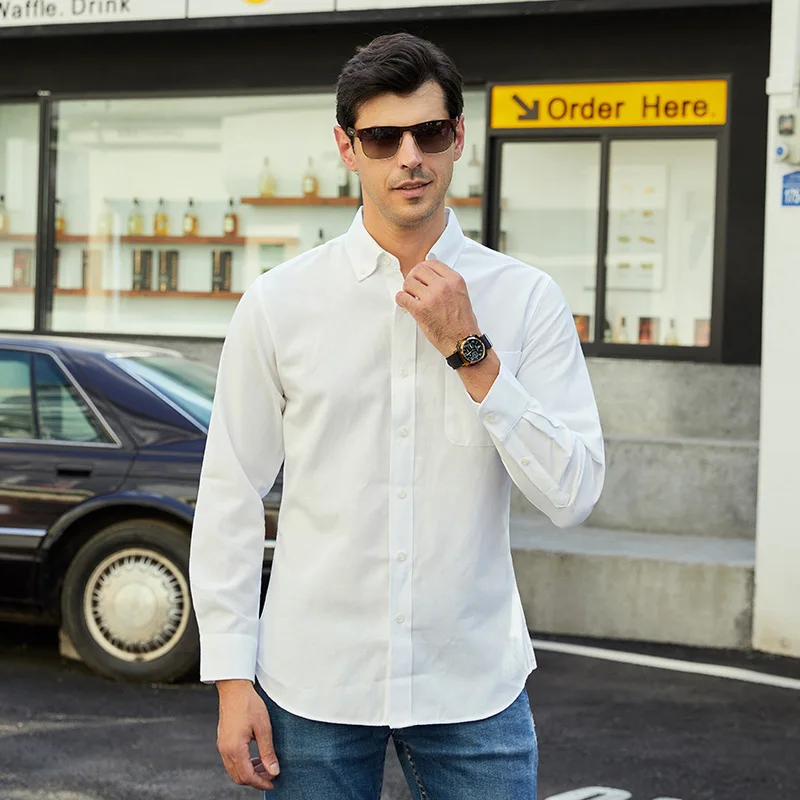 Hot-Selling Men's Zipper Shirt Oxford Fabric Hidden Zipper Fake Button Long Sleeve Casual Shirt for Men