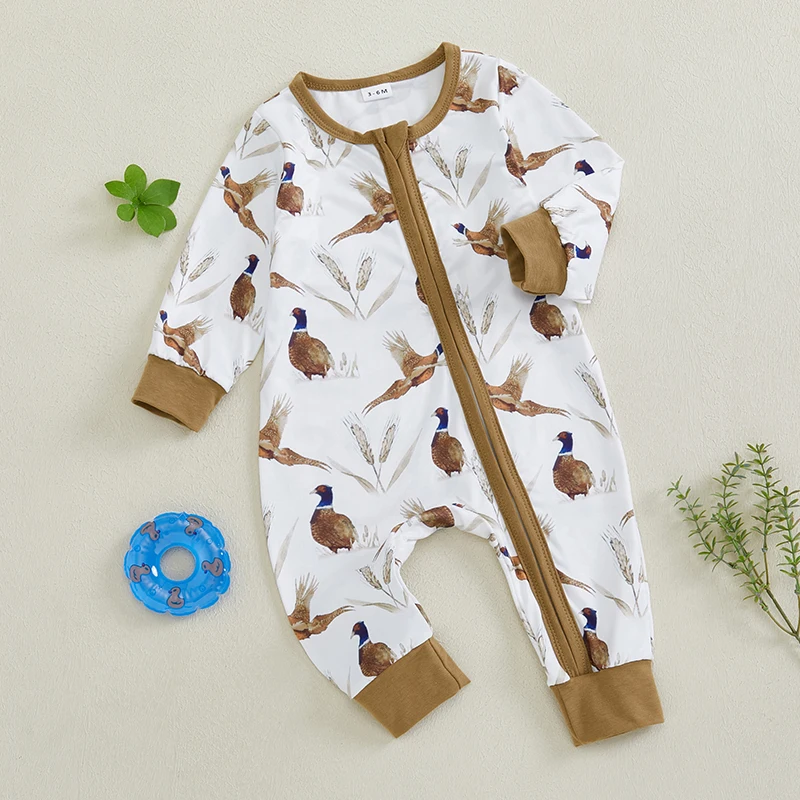 Baby Fall Rompers Soft Bird Wheat Ear Pattern Zipper Closure Long Sleeve Crew Neck Newborn Jumpsuits