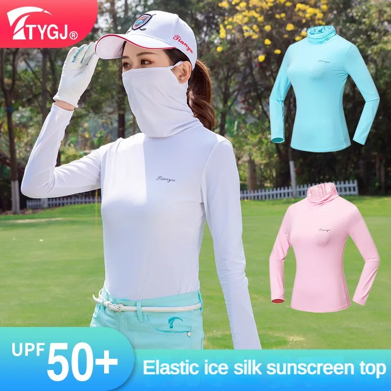 

TTYGJ Golf Women Shirt Summer T-Shirt Anti UV Clothes Ice Silk Sun Protection Ultra-thin Breathable Casual Shirts with Masks