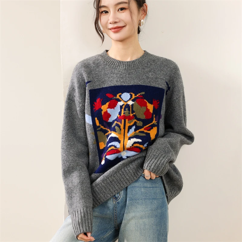 

Осень/зима 2022, новый свободный свитер из 100% чистой шерсти с круглым вырезом, женский жаккардовый кашемировый вязаный топ с вышивкой, хит продаж