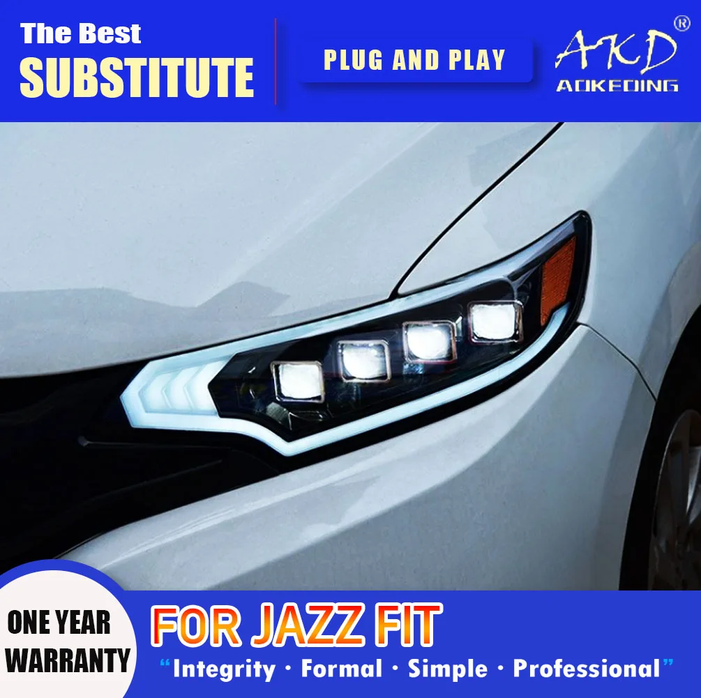 AKD Head Lamp for Honda Jazz Fit LED Headlight 2014-2019 Headlights Fit DRL Turn Signal High Beam Angel Eye Projector Lens