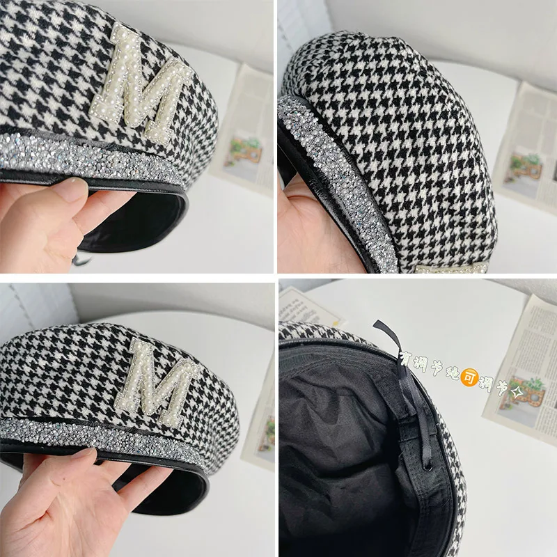 Retro French Women\'s Beret Fashion Rhinestone Pearl Letter Elegant Painter Hat Female Woolen Houndstooth Octagonal Hat For Women