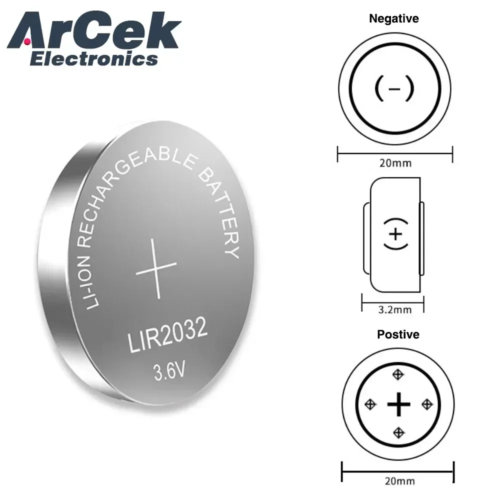 2PCS New LIR2032 Li-ion Rechargeable Battery 3.6V Lithium Button Batteries for Watch Computer Replaces LIR 2032 CR2032/ML2032