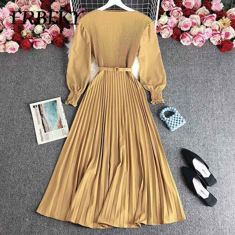 Pleated Dresses New Fashion Waist Slimming Temperament French Dress Elegant Long Sleeve Pleated Waistband Romper Evening Dresses