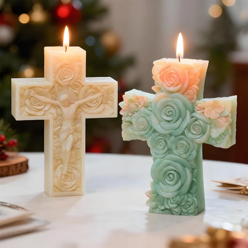 New Jesus Cross Character Candle Silicone Mold 3D Relief Rose Flower Cross Craft Gypsum, Cement, Soap Mold. Religious decorative view 4