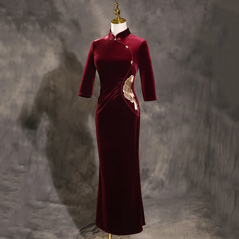 

Wine Red Velvet Long Sve Vintage Sle Evening Dr Autumn Winter Mommy Wedding Gown Full Length Dr