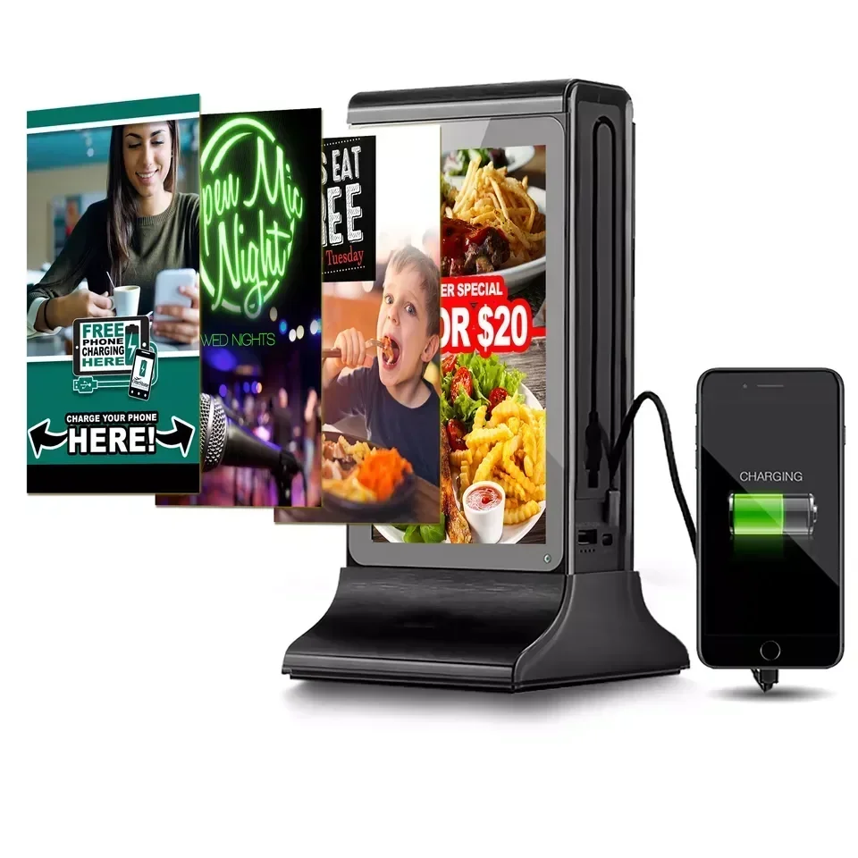 Digital advertising photo display table top non-touch charging station menu power bank restaurant cell phone charger