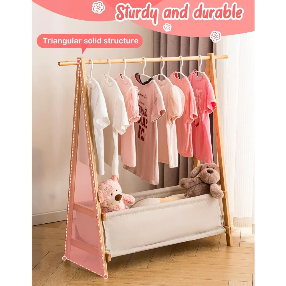 Kids Bamboo Clothing Rack with Storage Box, Multi-functional Hanging Organizer for Dance Costumes and Dress Up