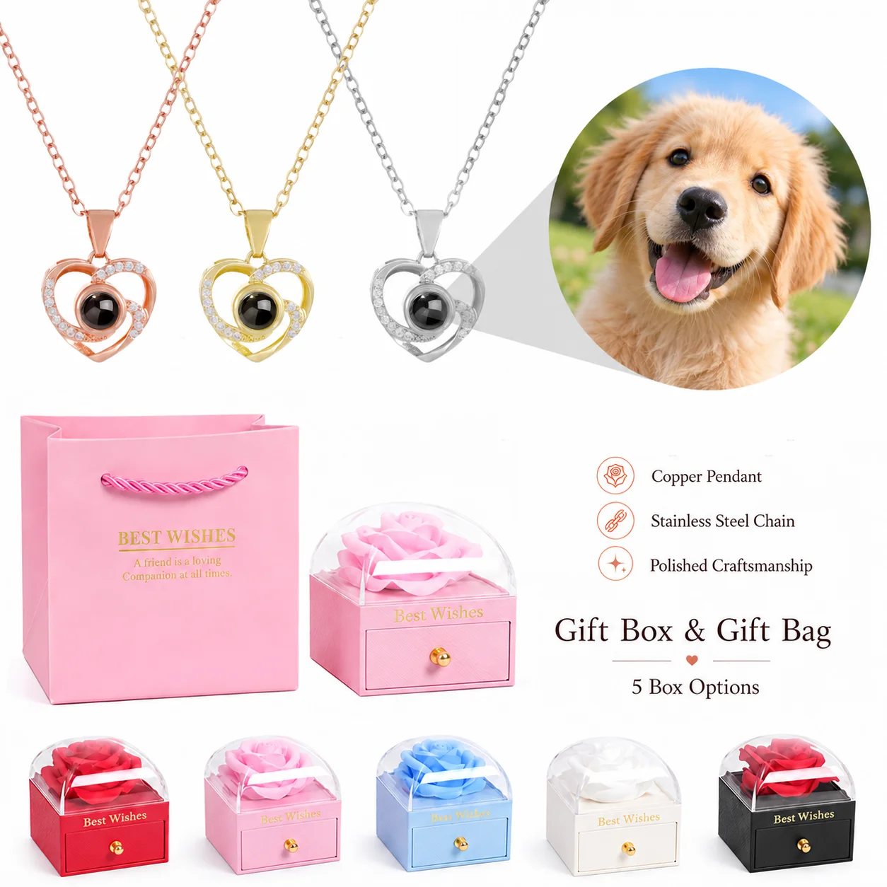 Custom Photo Projection Heart Necklace Rose Drawer Gift Box Stainless Steel Chain Valentine's Mother's Day Christmas For Women