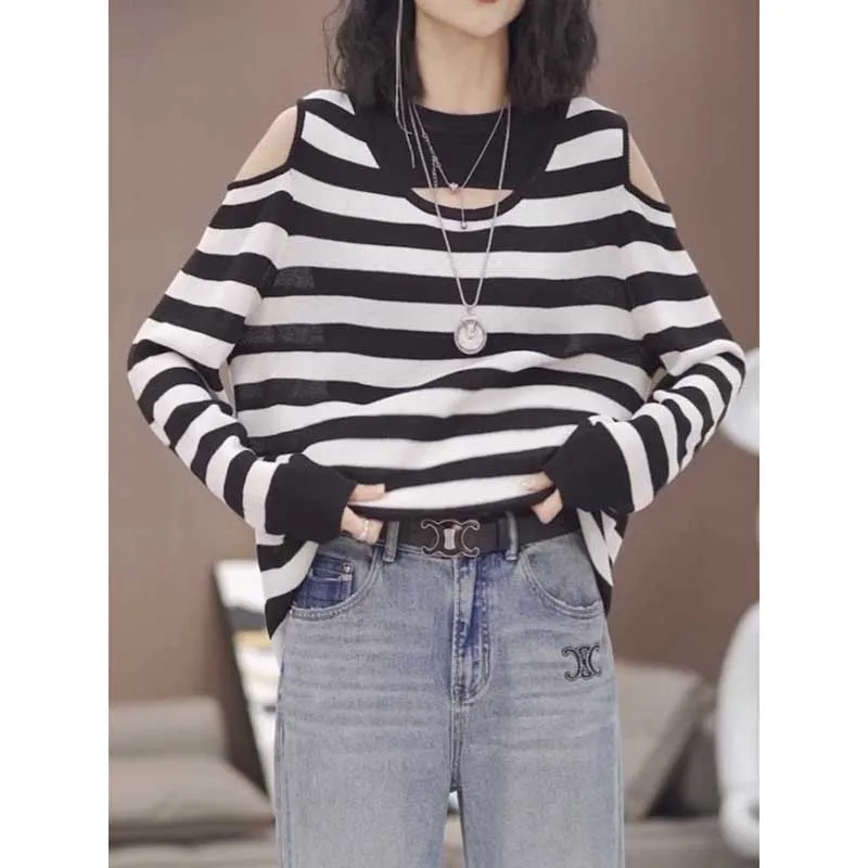 Fashion O-Neck Spliced Hollow Out Off Shoulder Blouses Women's Clothing 2024 Spring New Loose All-match Tops Casual Shirts
