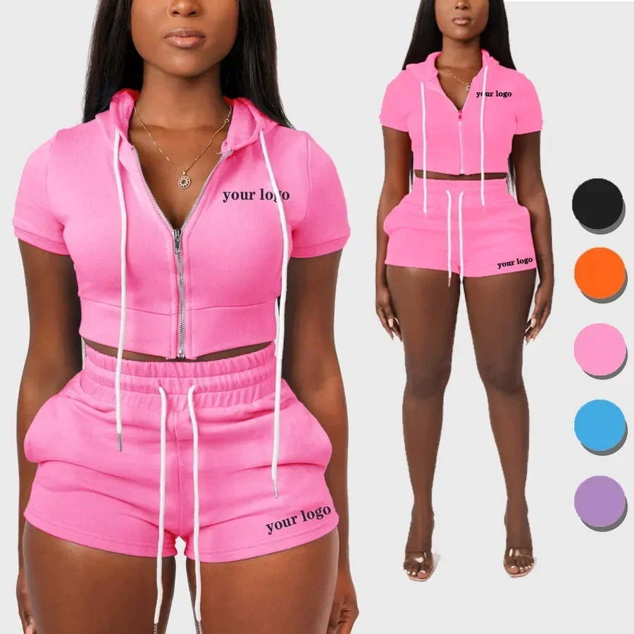 Crop Top Hoodie Short Set Sweat Women Zipper Biker Short Set 2 Piece Jogger Two Piece Set Women Clothing Custom Logo Xs Summer -