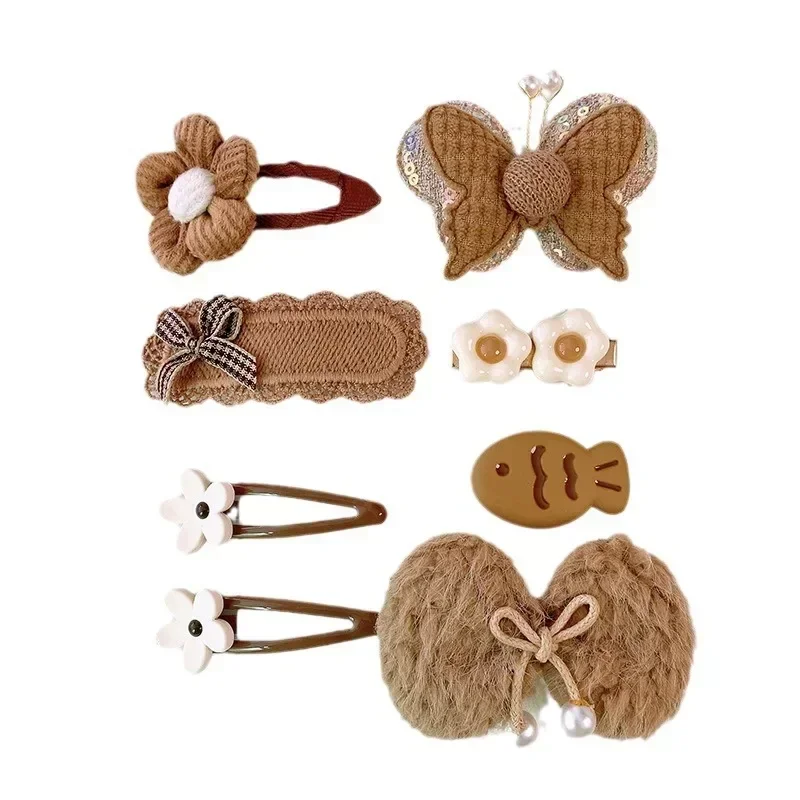 8pcs/set Sweet Girl Hair Clip Cartoon Bear Floral Bowknot Hair Pin for Toddler Girl Lovely Beige Coffee Color Kids Girl Headwear