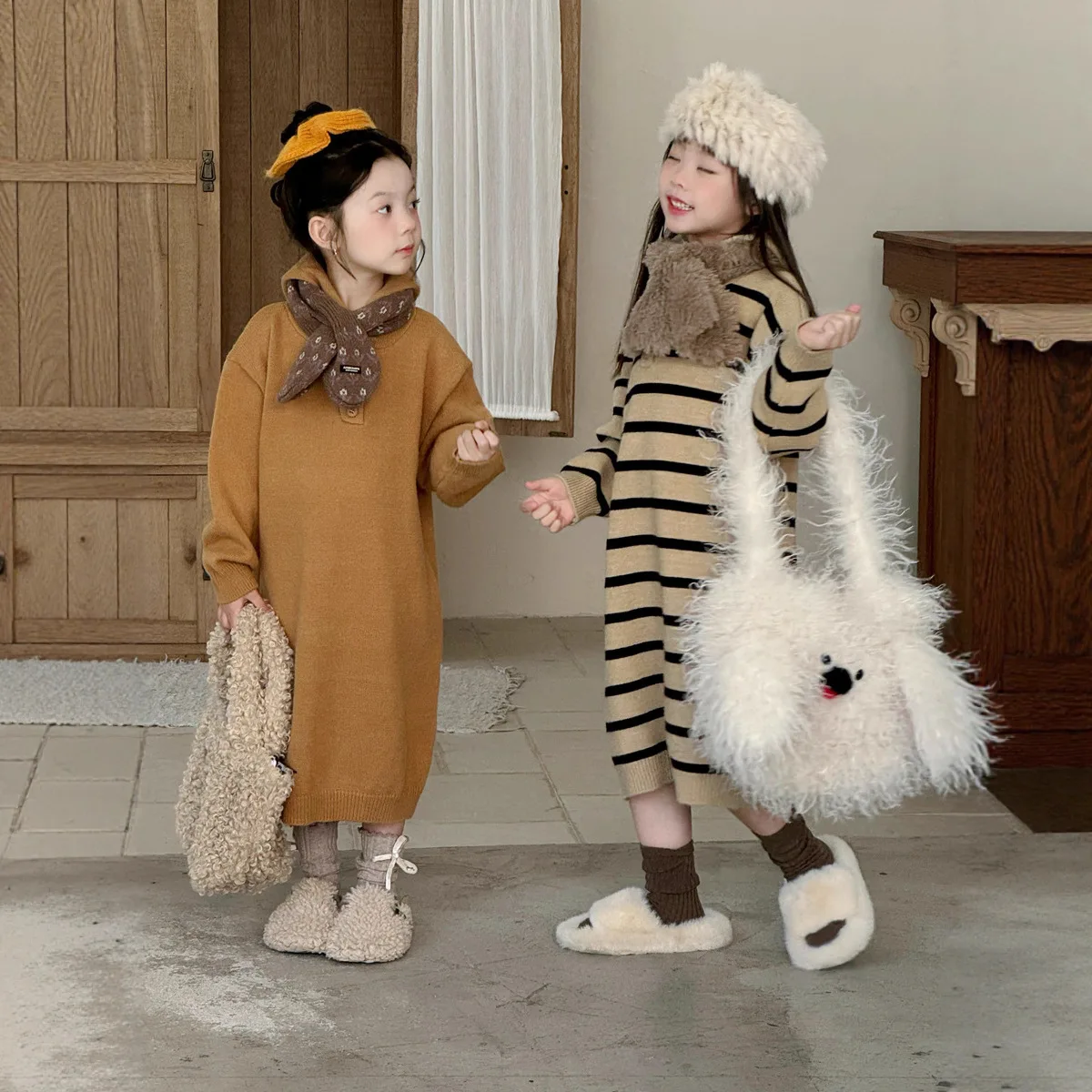 

Children Girls Winter Long Dress Hooded Striped Thick Warm Kids Baby Girl Dress Loose Knitwear Dress for 2-10Y Little Girl