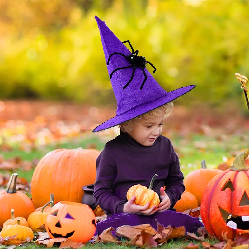 Dekorasi Halloween topi penyihir hitam laba-laba boneka topi penyihir pesta Cosplay kostum alat peraga untuk Natal Halloween Masquerade pesta tutup kepala