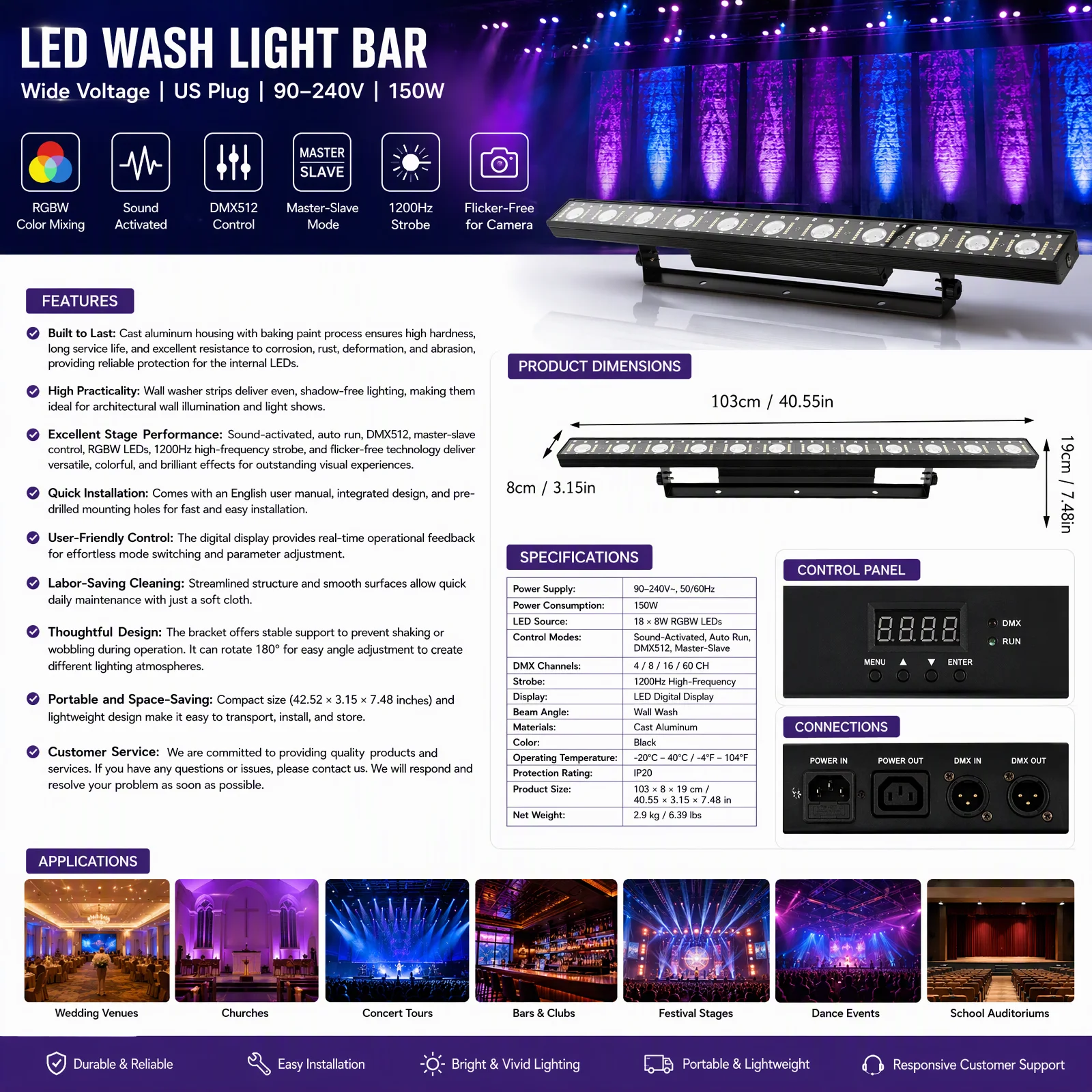 RGB Wash Light Bar DMX512 Stage Light Bar 150W 12x3W LED Beads RGBW, 1200Hz Flicker-Free for Wedding Church Concert DJ Party, Cast Aluminum