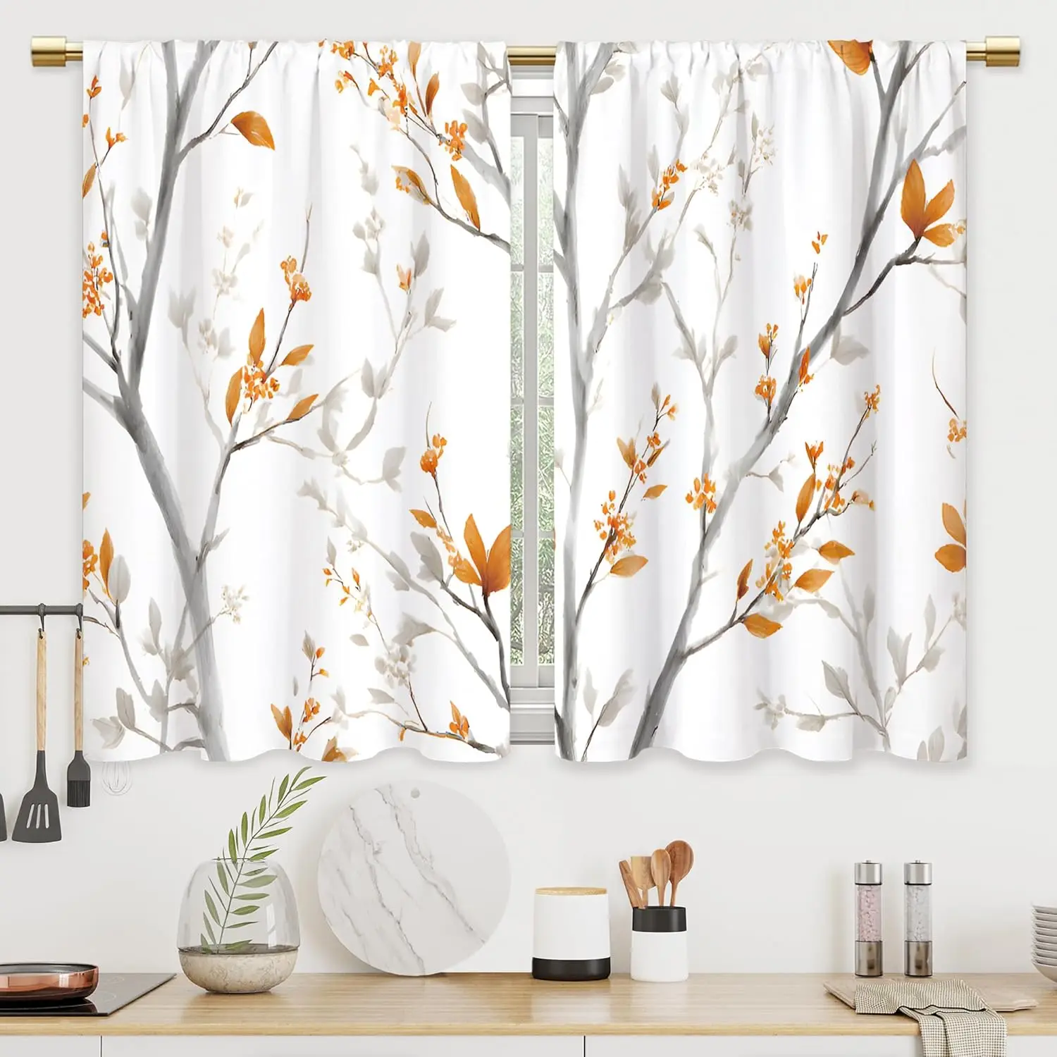 Botanical Tree Print Curtains 2pcs Aesthetic Floral Window Drapes Modern Living Room Bedroom Home Decor Curtain Pair