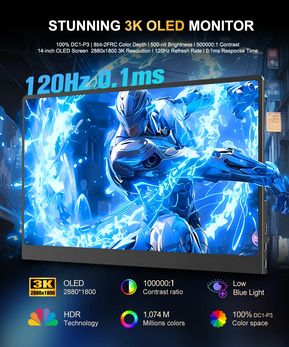 14/15.6/16 inch OLED 2K 3K Portable Monitor 2880x1800 16:10 500Nits 120Hz Gaming Display For Xbox PS 5 4 Switch Laptop Mac Phone
