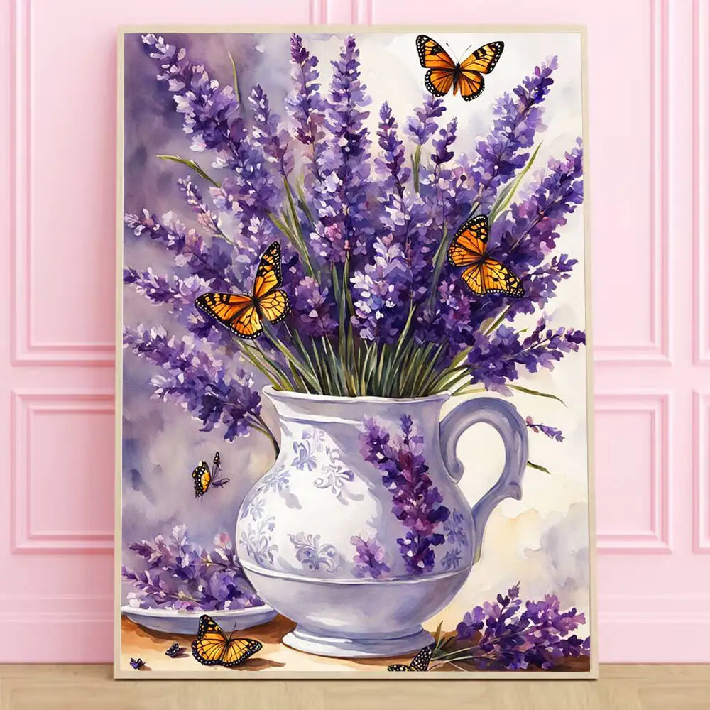 Huacan Flower Diamond Painting Lavender Butterfly Mosaic 2025 New Arrivals Diamond Embroidery Vase Home Wall Decoration