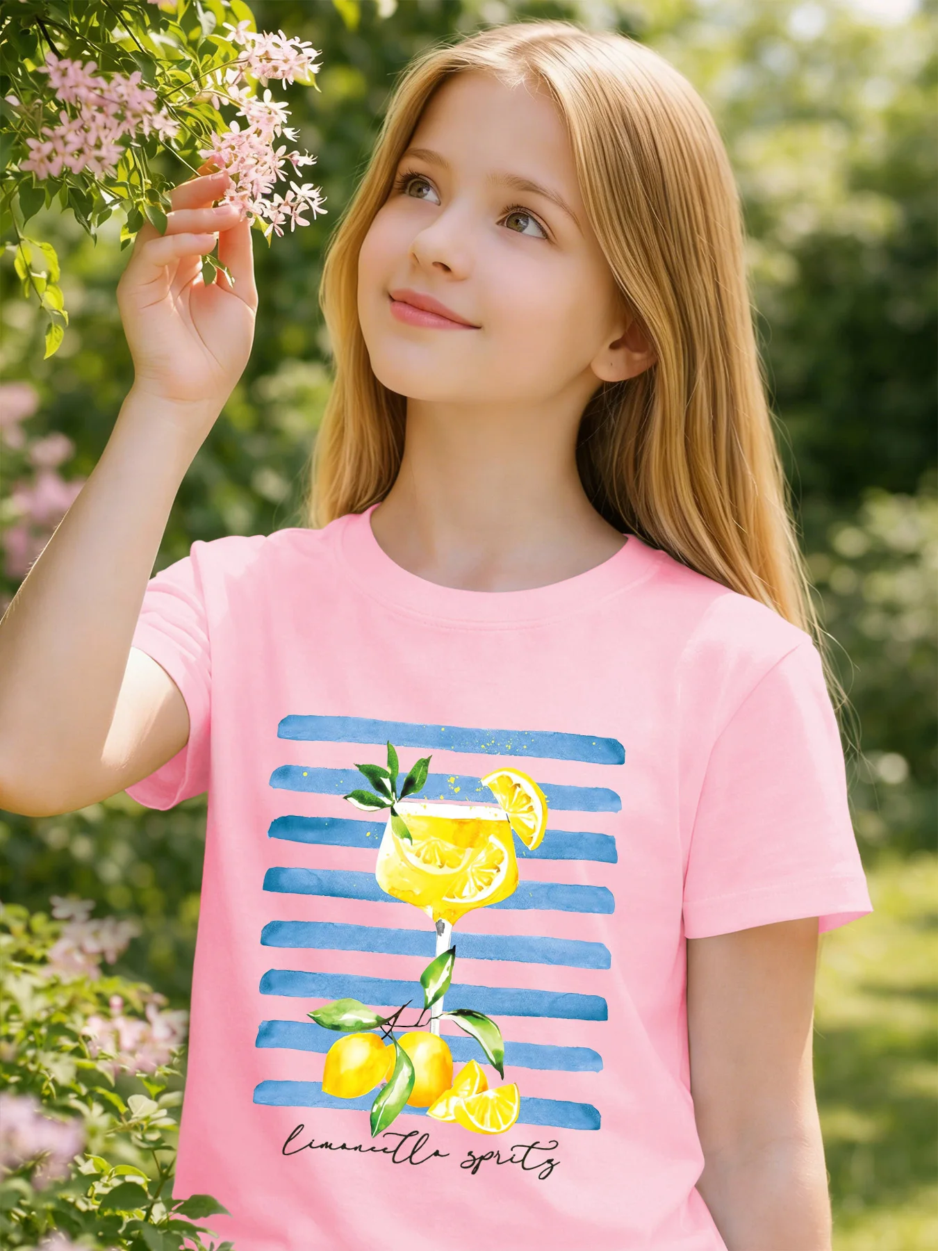 Lemon Cocktail Stripe Watercolor Print Boys Girls T Shirt Summer Fresh Kids Tee Parent Child Matching Casual Daily Family Tops