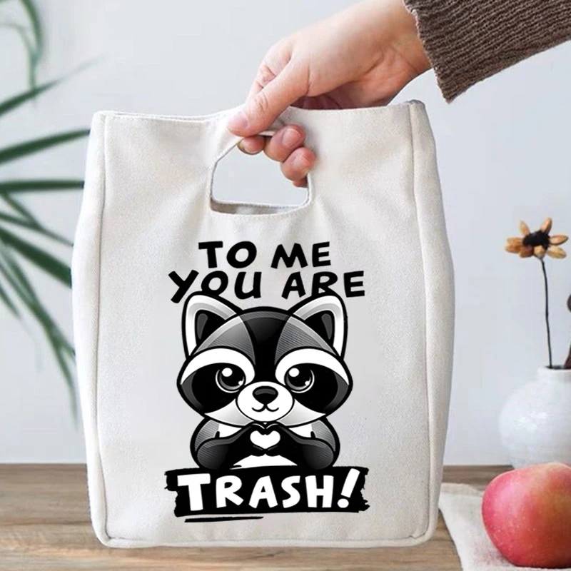 Raccoon To Me You Are Trash Portable Bento Bags Boys Girls Funny Raccoon Lover Lunch Boxes Reusable Insulated Canvas Lunch Bag