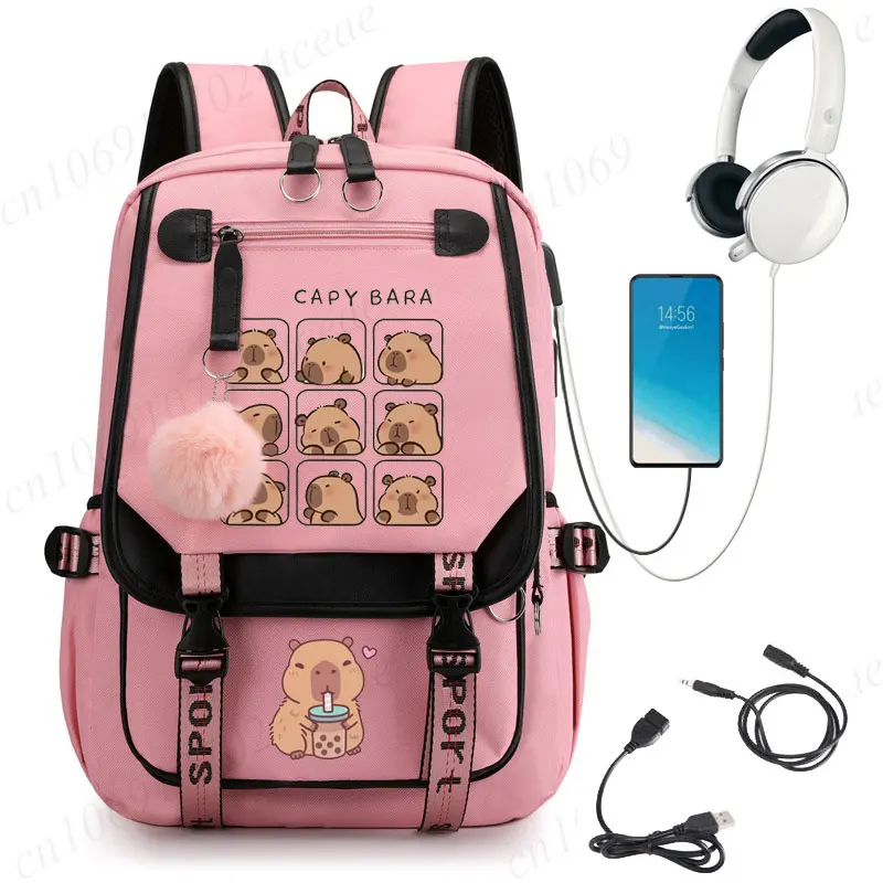 Mochila escolar para adolescentes, mochila escolar Kawaii Capybara Bubble Tea, mochila para niñas y niños, mochila para adolescentes, mochila rosa con Usb