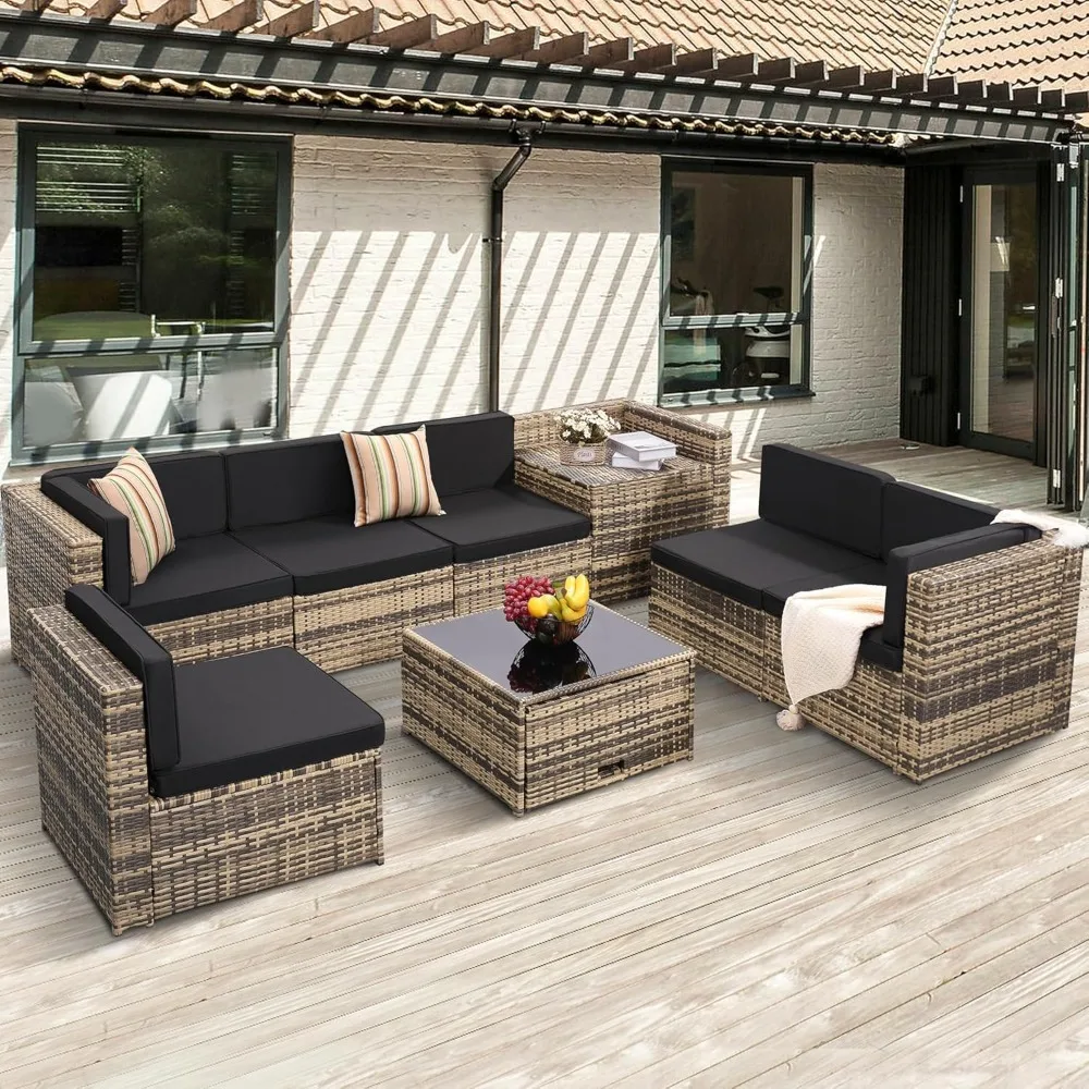 

8 Pcs Outdoor Wicker Rattan Patio Furniture Sectional Set, Glasstop Table with Hidden Storage, Oversized Cushions. Sofa Set