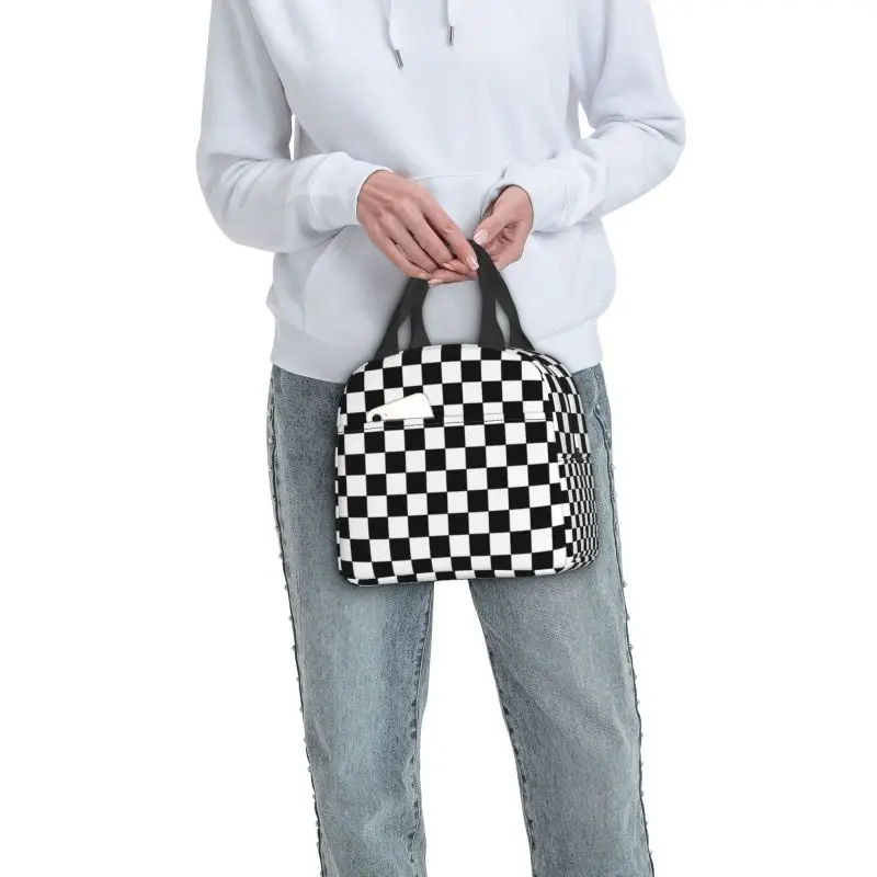 Black And White Checkered Insulated Lunch Tote Bag for Geometric Checkerboard Resuable Cooler Thermal Bento Box Camping Travel