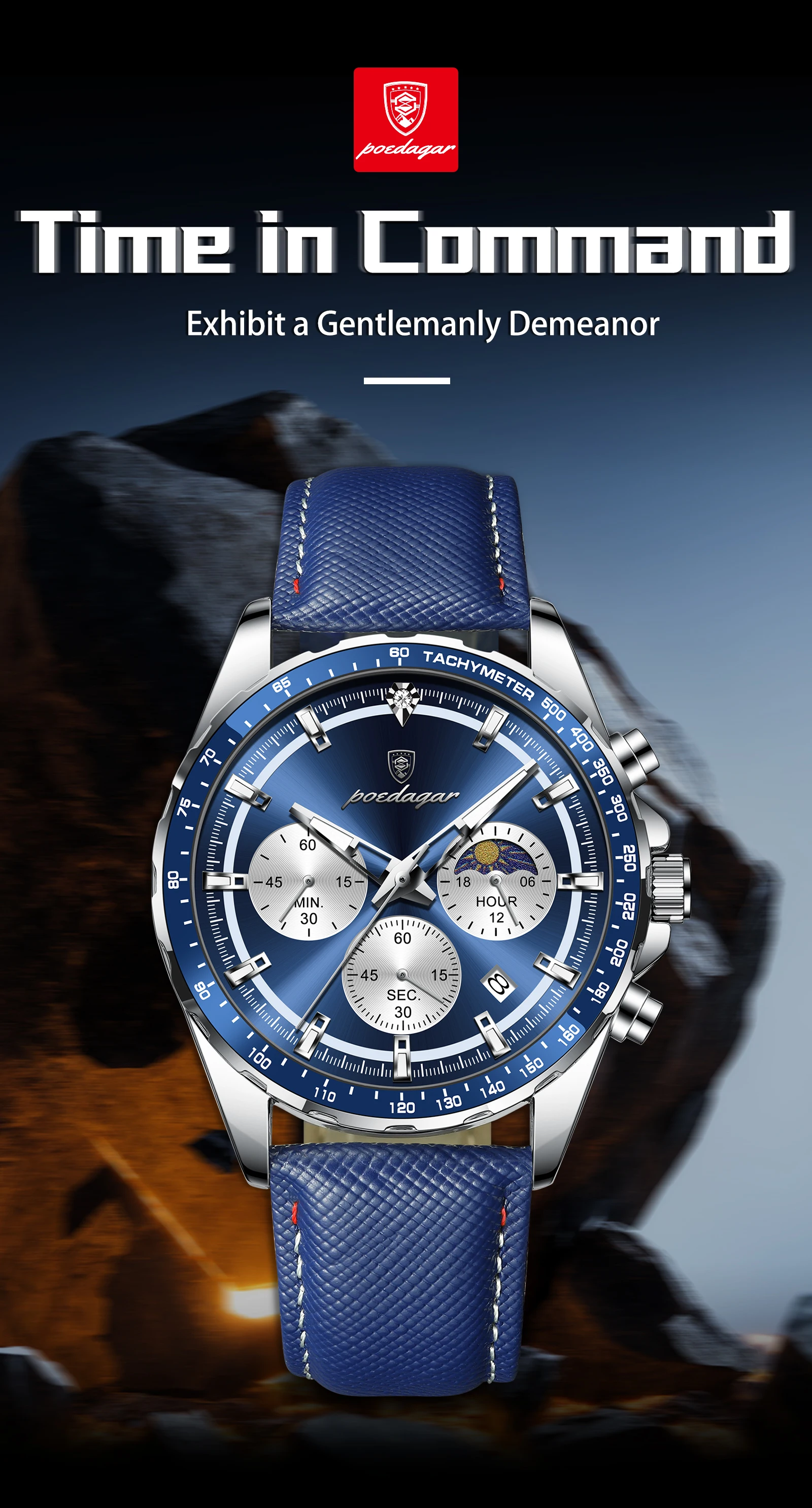 POEDAGAR Original Mode Männer Uhr Leuchtende Wasserdichte Chronograph Datum Mann Armbanduhr Leder Quarz Sport herren Uhren Reloj – Detail 2