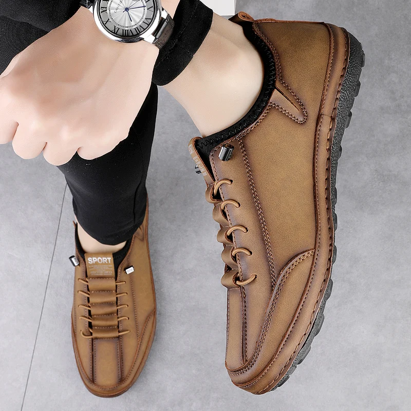 

High Quality Handmade Stitched Men Casual Shoes, Brand Soft Comfort Business Leather Shoes Flat Bottomed Anti Slip Driving Shoes