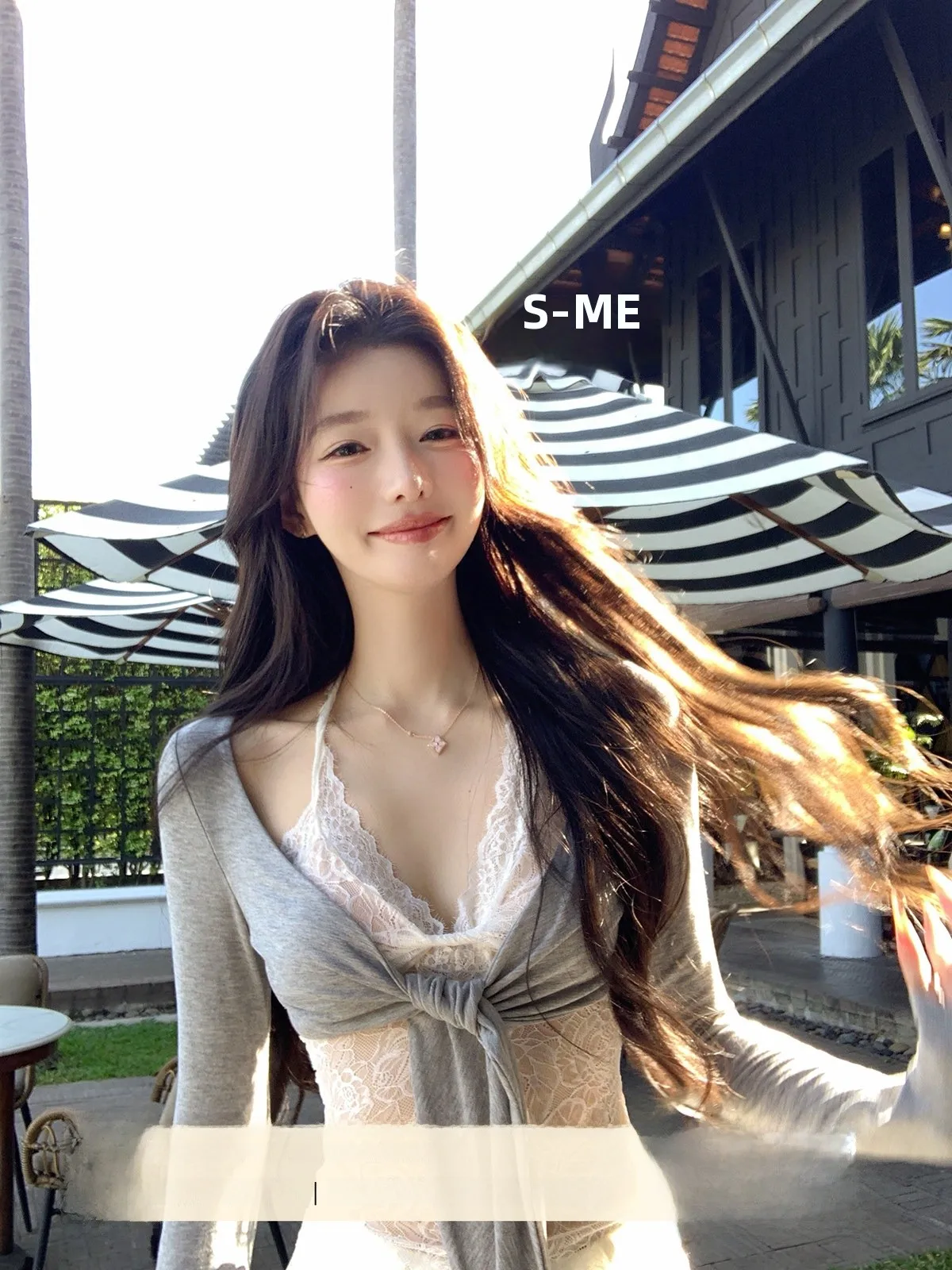 

Yoyozhang Grey V-neck Long Sleeve Lace Shirt Women's Slimming Pure Desire Fashionable Elegant Style Polyester Blend Top
