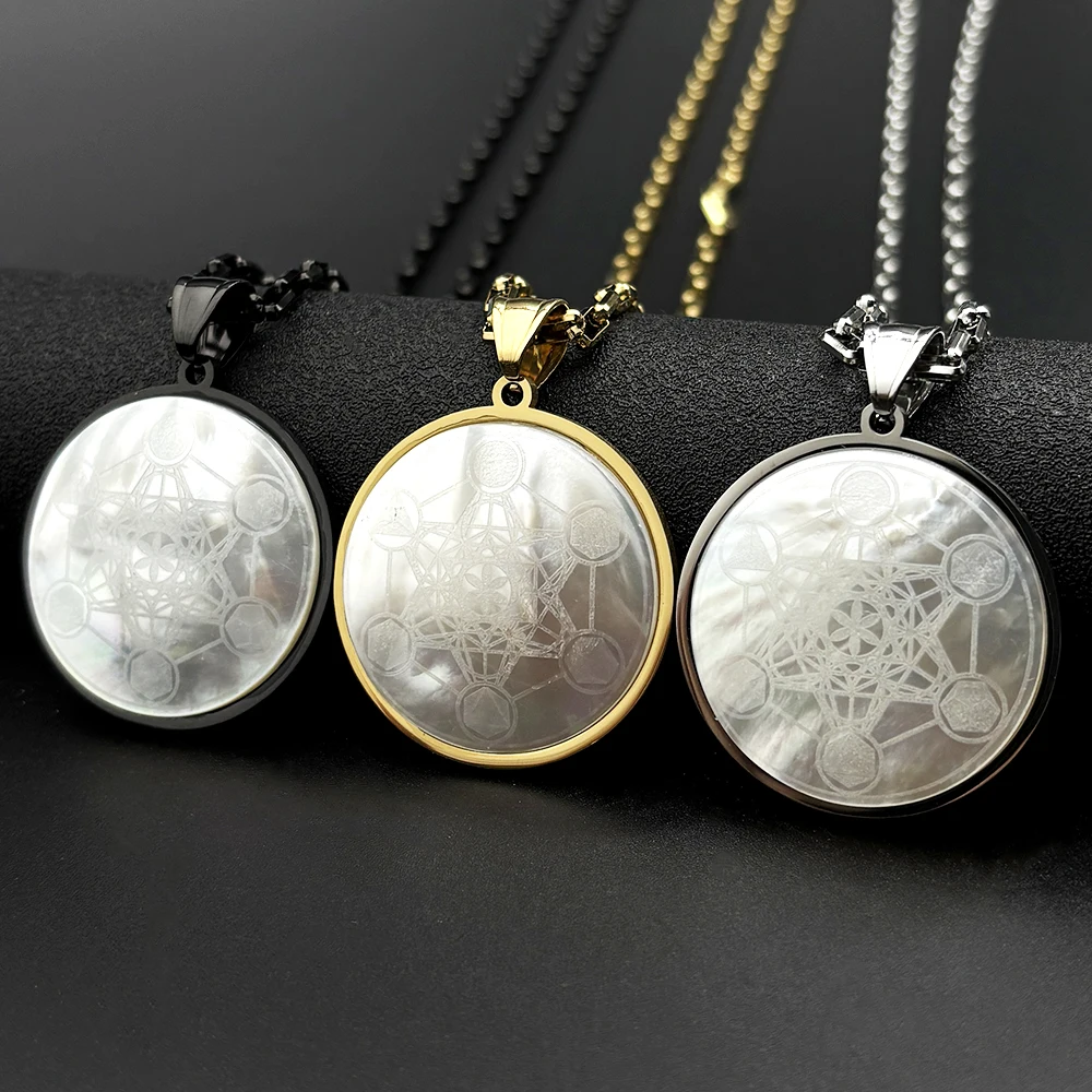 Natural Shell Yoga Hindu Buddhism 7 Chakra Stainless Steel Necklace Sacred Angel Seal Metatron Symbol Necklace Jewelry Gift